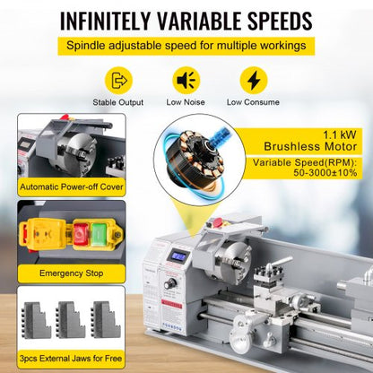 1100W Mini Metal Lathe 220MMx750MM Variable Speed Metal Lathe RPM Metal Milling Machine Digital Milling Metal Lathe with 3-Jaw Chuck, MT5 Spindle Taper, MT2 Taper | EU