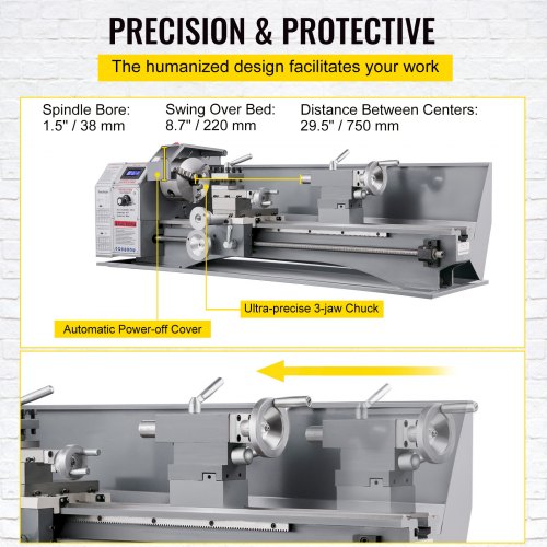 1100W Mini Metal Lathe 220MMx750MM Variable Speed Metal Lathe RPM Metal Milling Machine Digital Milling Metal Lathe with 3-Jaw Chuck, MT5 Spindle Taper, MT2 Taper | EU