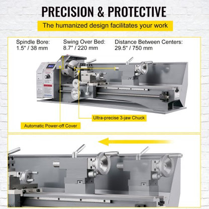 1100W Mini Metal Lathe 220MMx750MM Variable Speed Metal Lathe RPM Metal Milling Machine Digital Milling Metal Lathe with 3-Jaw Chuck, MT5 Spindle Taper, MT2 Taper | EU