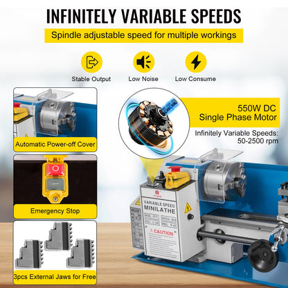 Mini Metal Lathe 550W Variable Speed Metal Lathe 50 to 2500 Rpm Precision Mini Bench Lathe 7x14 Inch for Mini Precision Parts Machining Sample Processing Modeling Works