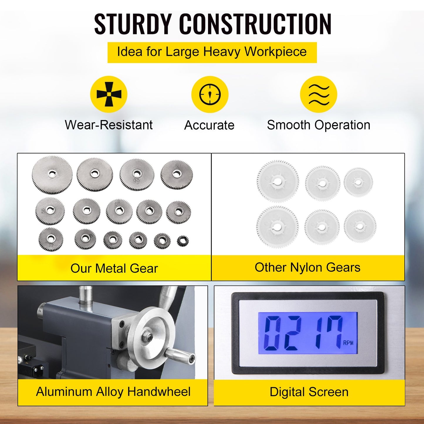 Uppdaterad 750 W mini metallsvarv 8x16 tums metallsvarv med lyxig tillbehörslåda, 50-2500PRM Oändligt variabla hastigheter MT3 spindel konisk metallsvarvmaskin med rörlig lampa 4-käftchuck 9 fräsar