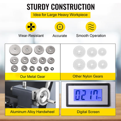 Uppdaterad 750 W mini metallsvarv 8x16 tums metallsvarv med lyxig tillbehörslåda, 50-2500PRM Oändligt variabla hastigheter MT3 spindel konisk metallsvarvmaskin med rörlig lampa 4-käftchuck 9 fräsar