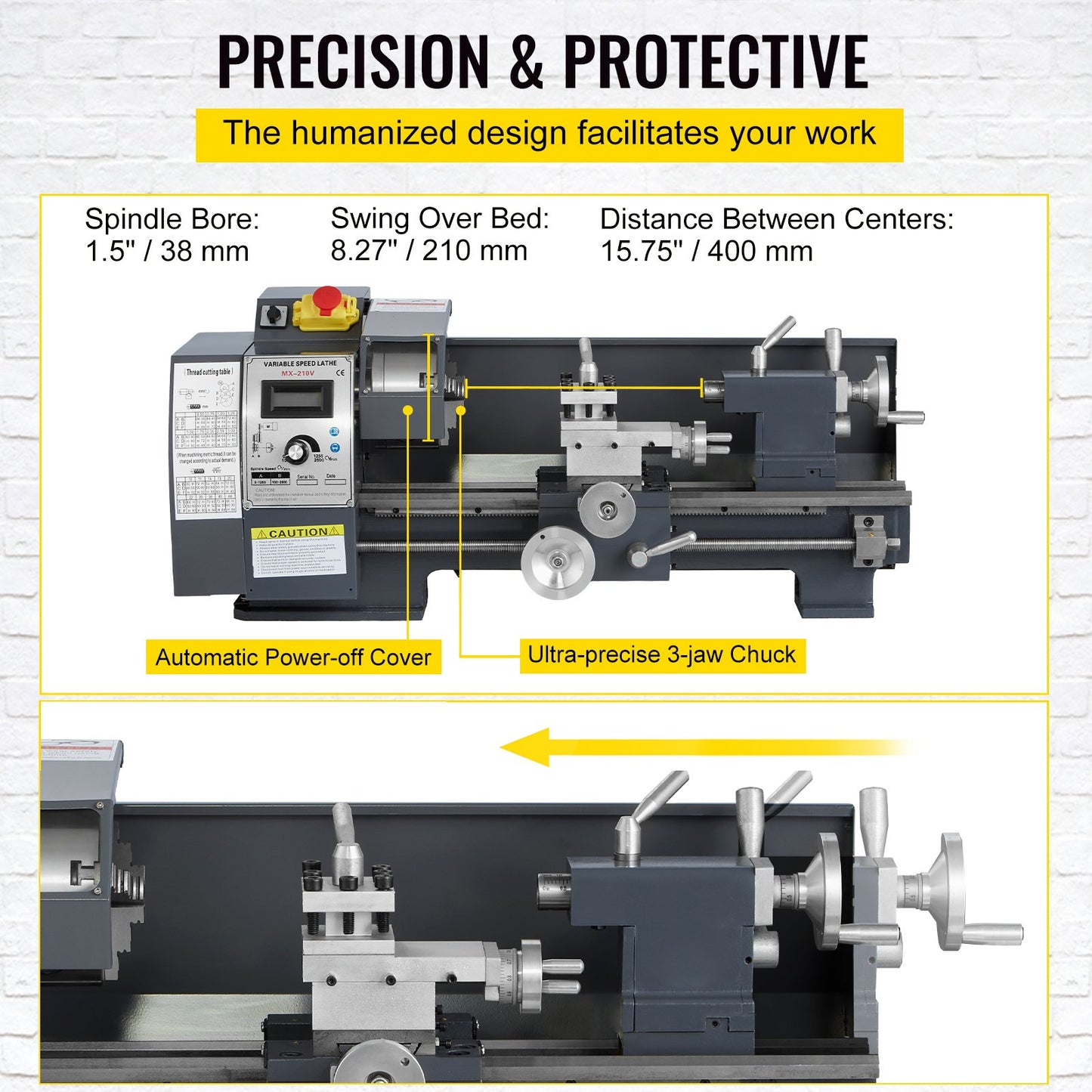 Uppdaterad 750 W mini metallsvarv 8x16 tums metallsvarv med lyxig tillbehörslåda, 50-2500PRM Oändligt variabla hastigheter MT3 spindel konisk metallsvarvmaskin med rörlig lampa 4-käftchuck 9 fräsar