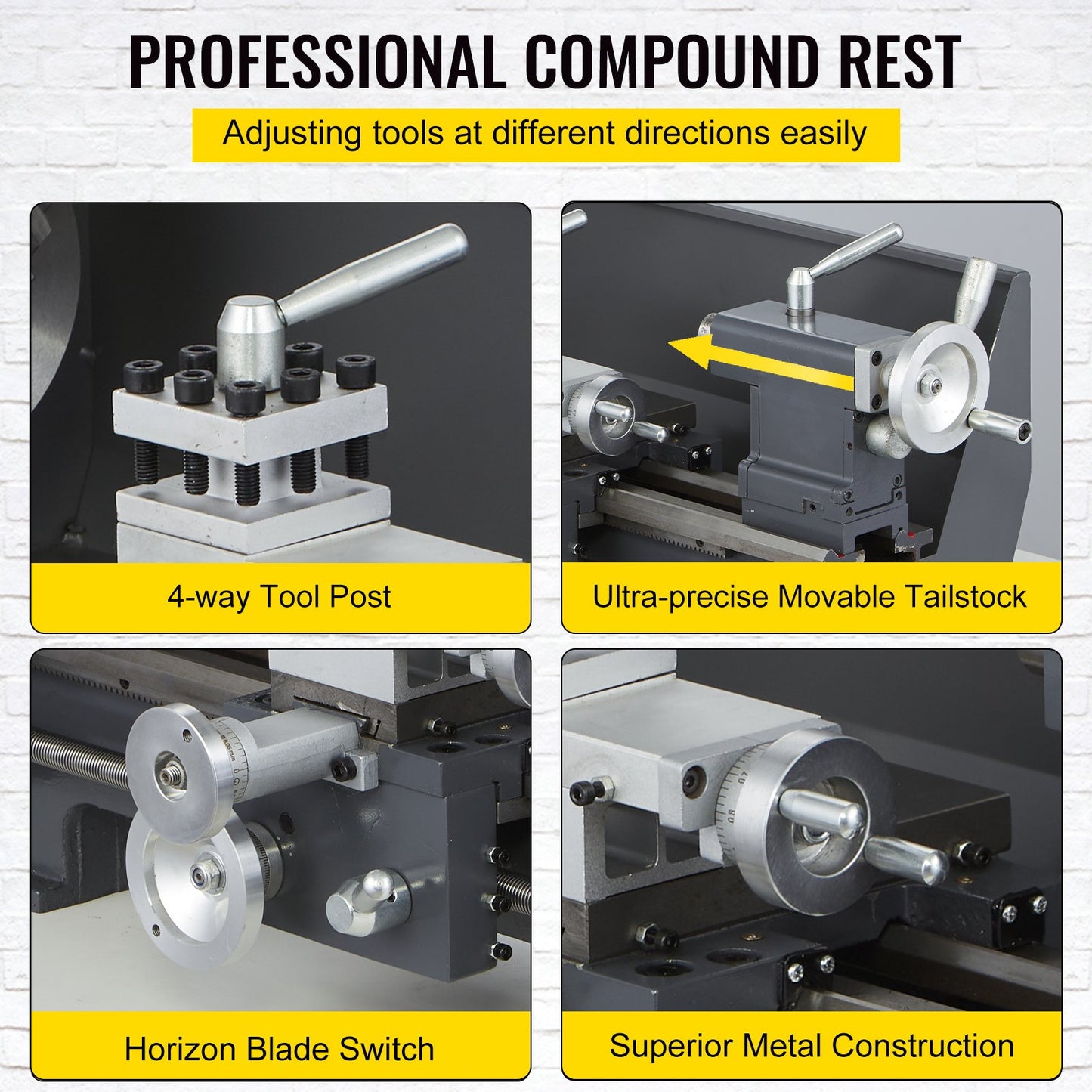 Uppdaterad 750 W mini metallsvarv 8x16 tums metallsvarv med lyxig tillbehörslåda, 50-2500PRM Oändligt variabla hastigheter MT3 spindel konisk metallsvarvmaskin med rörlig lampa 4-käftchuck 9 fräsar