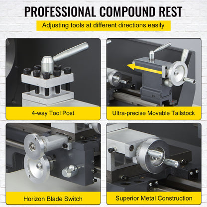 Uppdaterad 750 W mini metallsvarv 8x16 tums metallsvarv med lyxig tillbehörslåda, 50-2500PRM Oändligt variabla hastigheter MT3 spindel konisk metallsvarvmaskin med rörlig lampa 4-käftchuck 9 fräsar