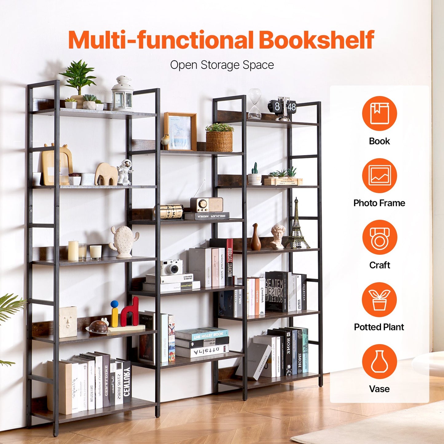 Metal Bookcase Rustic Bookcase 14-Tier for Living Room Bedroom &amp; Office