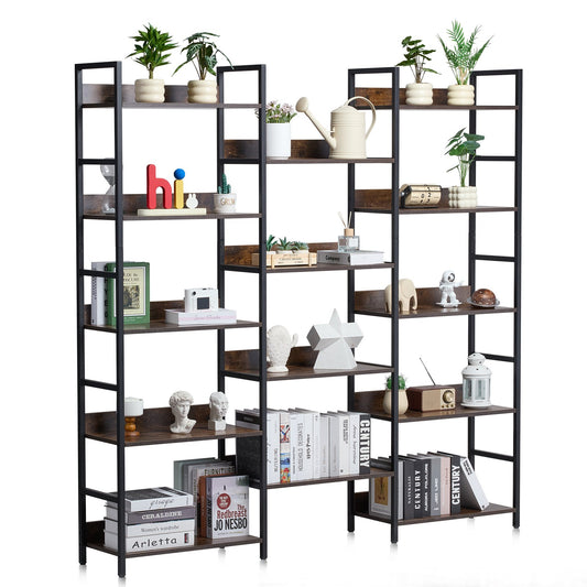 Metal Bookcase Rustic Bookcase 14-Tier for Living Room Bedroom &amp; Office