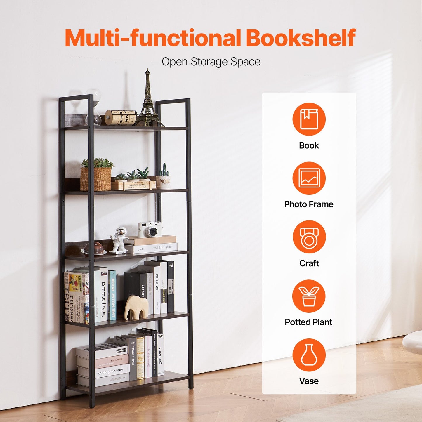 Metal Bookcase Open Bookcase 5-Level for Living Room Bedroom &amp; Office