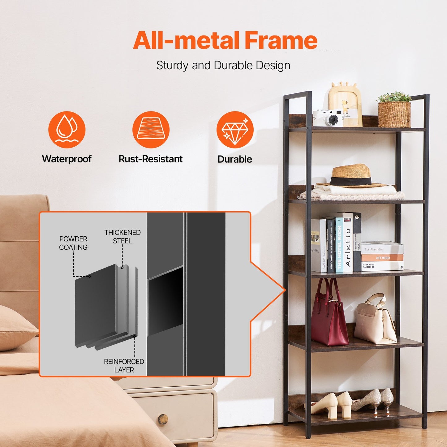 Metal Bookcase Open Bookcase 5-Level for Living Room Bedroom &amp; Office
