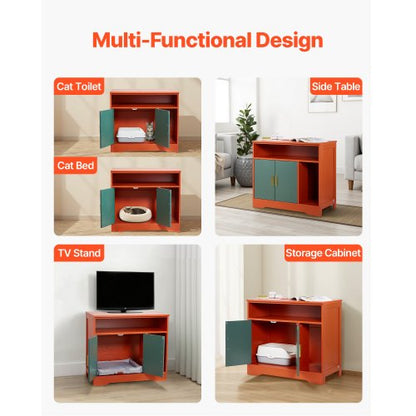 kattlåda, 79,2 cm dold kattlåda med hylla och förvaring, modernt inomhusbadrum för katter, sidobord i trä för katthus, passar de flesta kattlådor, röd och grön |  EU