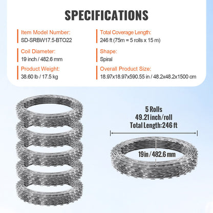 Razor Wires, 246 ft Razor Taggtråd, 5 Rolls Razor Wire Fäktning Razor Razor staket, Razor Ribbon Taggtråd Galvaniserat Razor Wire staket, Rolls Razor for Garden