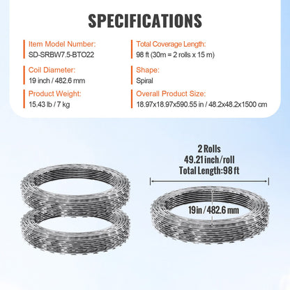 Stacheldraht, 30 m, 2 Rollen Stacheldrahtzaun, Stacheldrahtband, Stacheldraht, verzinkter Stacheldrahtzaun, Rollen für den Garten