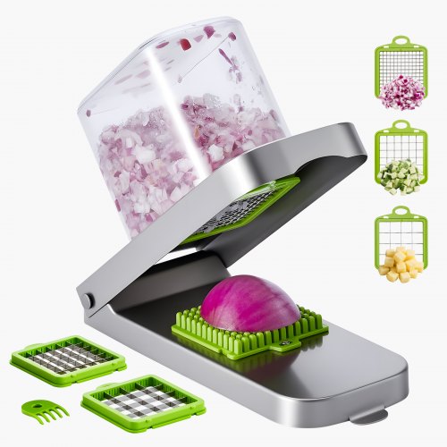 Vegetable Chopper, Food Veggie Cutter with 3 Stainless Steel Blades, Onion Slicer with Container, Salad Potato Dicer Kitchen Gadgets & Essentials Home Appliances Tools for Easy DIY, Silver