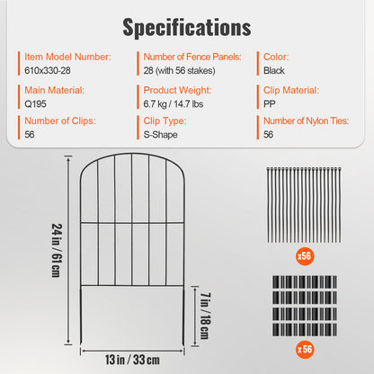 Garden Fence, No Dig Fence 24''(H)x13''(L) Animal Barrier Fence, Decorative Underground Garden Fence with 2 Inch Spike Spacing, Metal Dog Fence for Yard and Patio, 28-Pack
