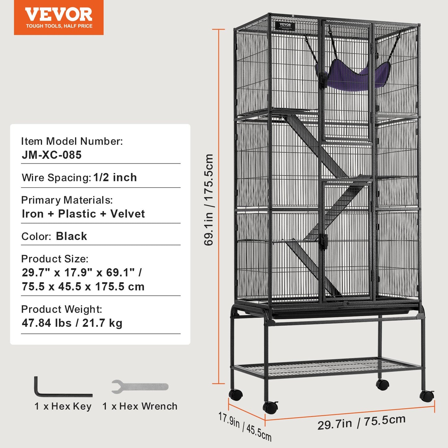 69" Metallkäfig für Kleintiere, 4-stöckiger Rollkäfig für Frettchen mit Fach, 3 Rampen