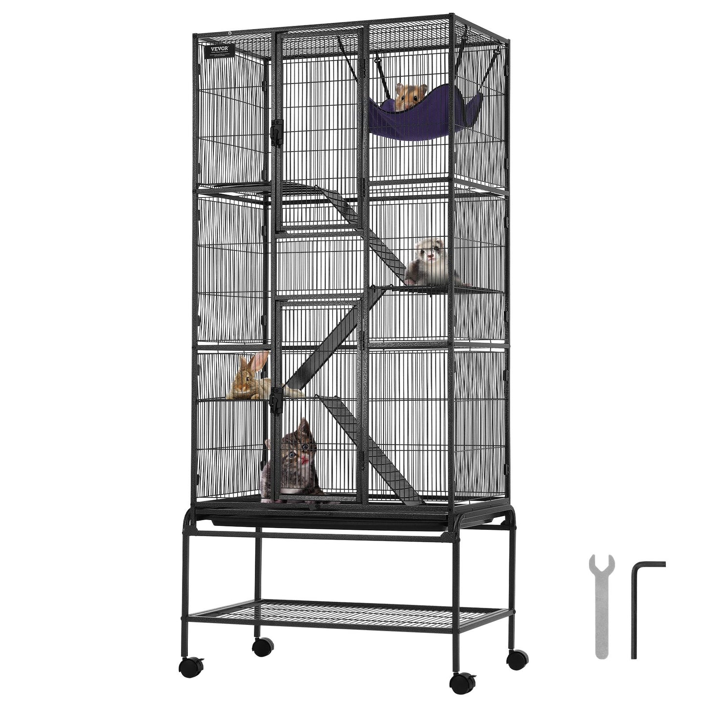 69" Metallkäfig für Kleintiere, 4-stöckiger Rollkäfig für Frettchen mit Fach, 3 Rampen