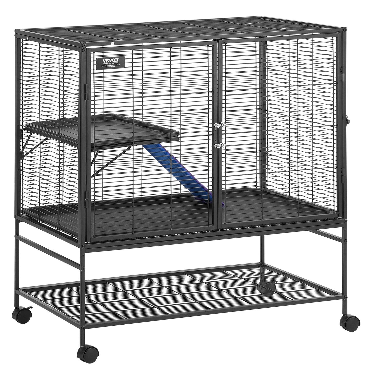 39" metallbur för smådjur 2-vånings rullande illerbur med bricka A ramp