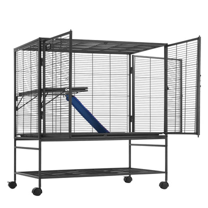 39" metallbur för smådjur 2-vånings rullande illerbur med bricka A ramp