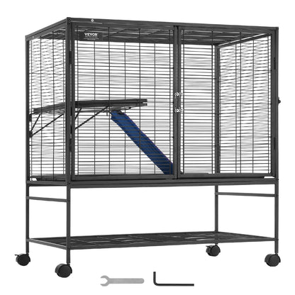 39" metallbur för smådjur 2-vånings rullande illerbur med bricka A ramp