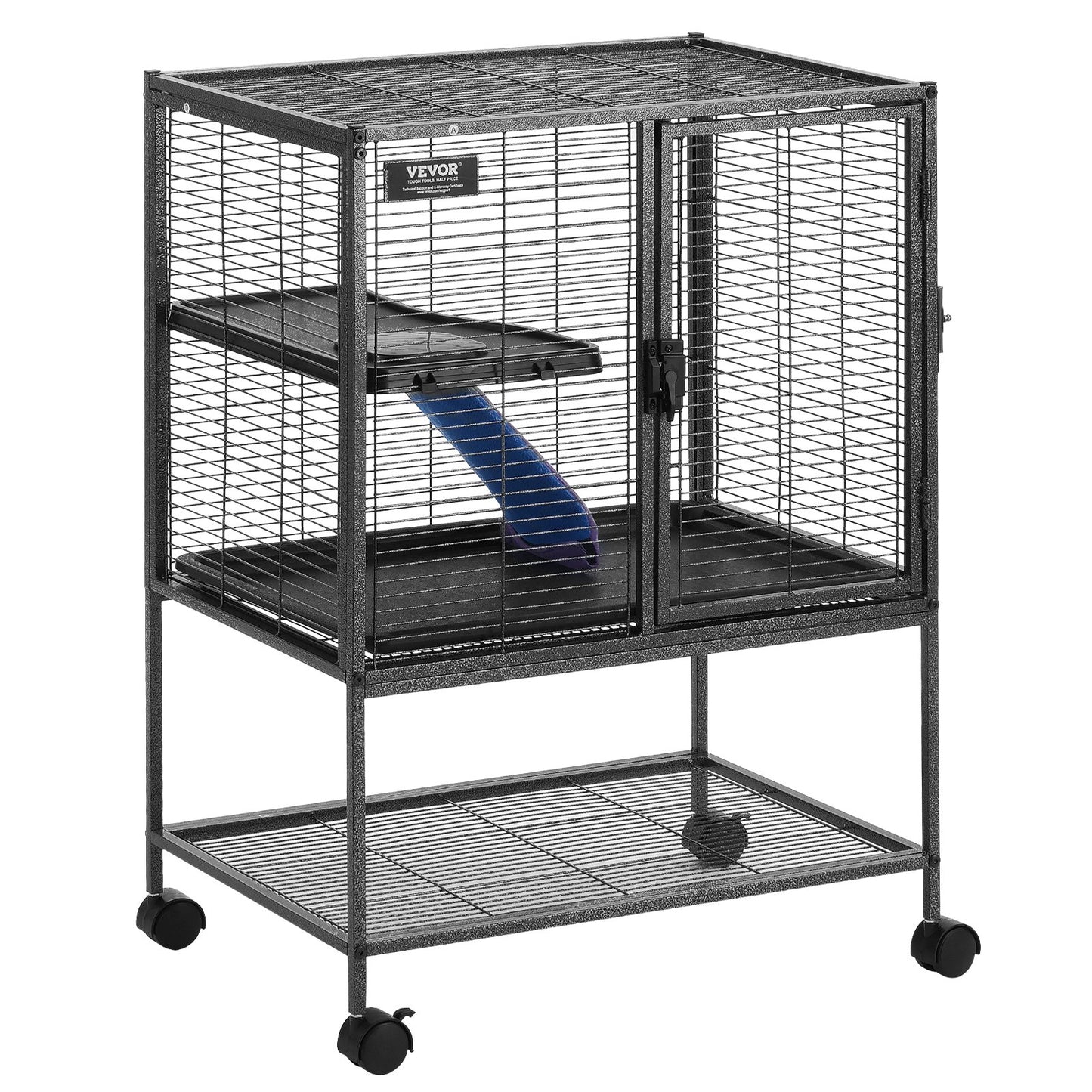 34" metallbur för smådjur 2-vånings rullande illerbur med bricka A ramp
