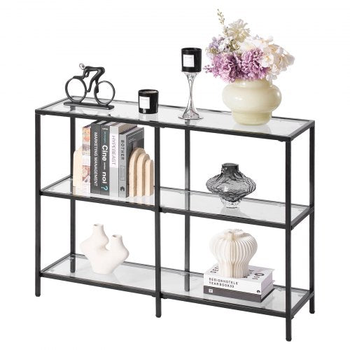 3-vånings konsolbord i glas, rektangulärt sidobord med tippskydd, svart