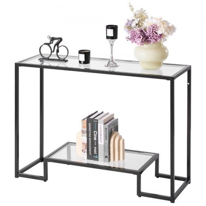 2-vånings konsolbord i glas, rektangulärt sidobord med tippskydd, svart