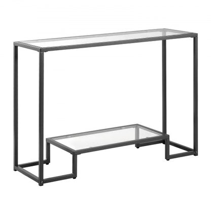 2-vånings konsolbord i glas, rektangulärt sidobord med tippskydd, svart