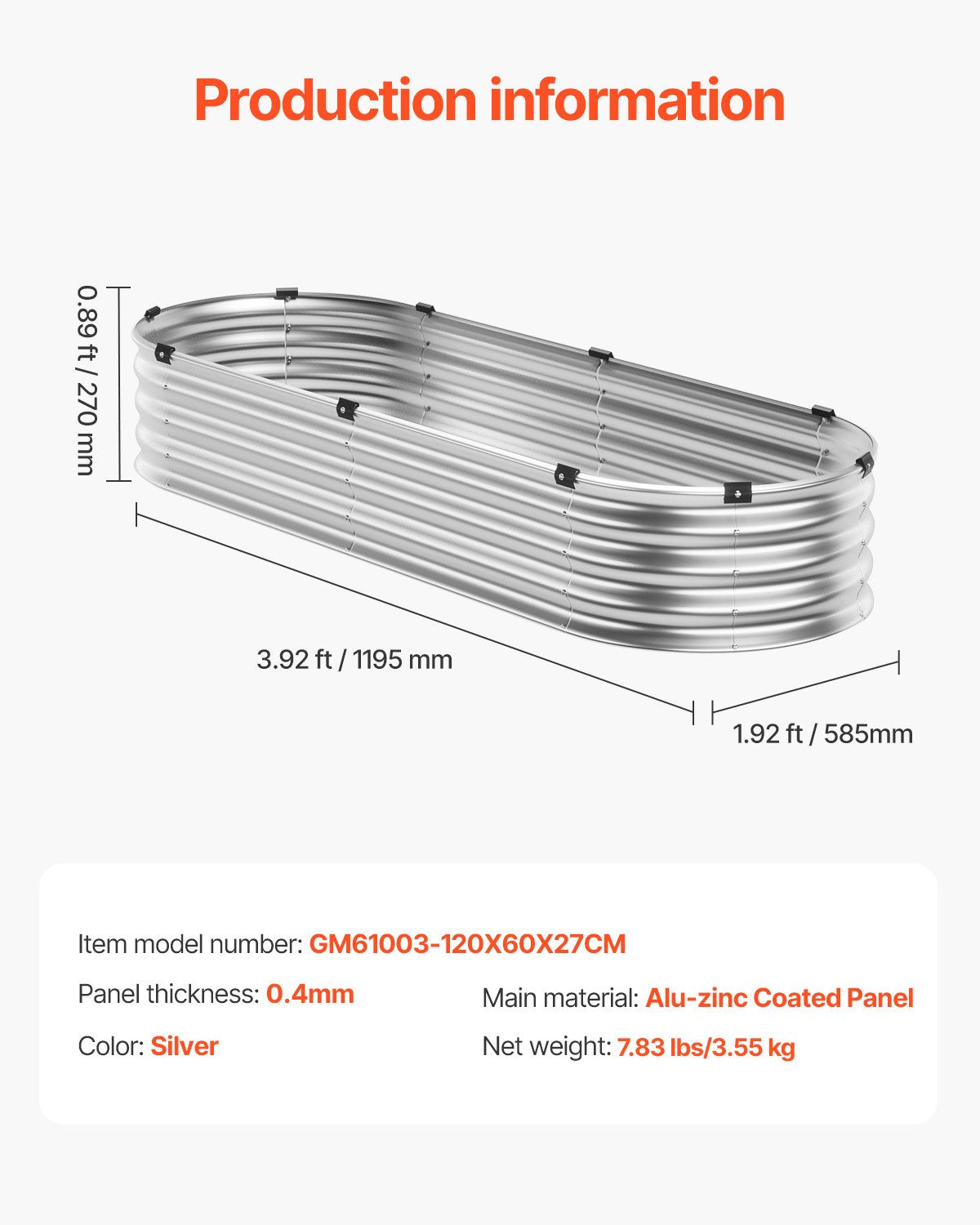 Metal Upphöjd trädgårdssäng 4x2x1 ft Utomhus galvaniserad planteringslåda Silver