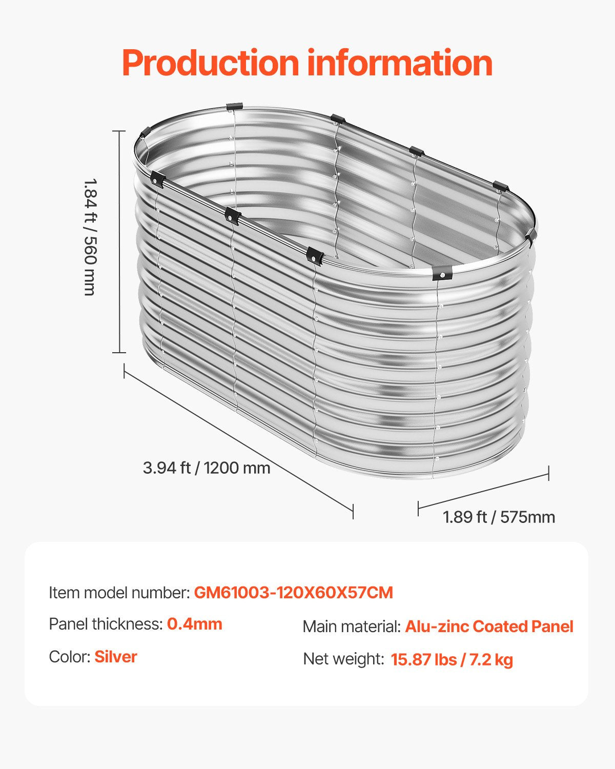 Metal Raised Garden Bed 4x2x2 ft Outdoor Galvanized Planter Box Silver