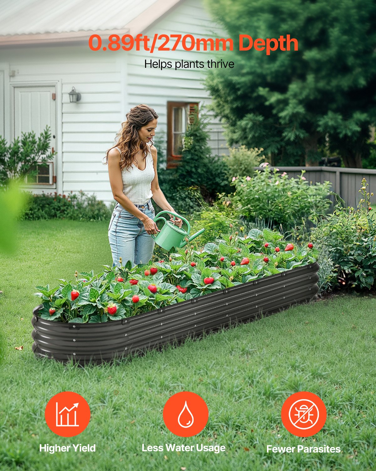 Metal Raised Garden Bed 8x2x1 ft Outdoor Galvanized Planter Box Dark Grey