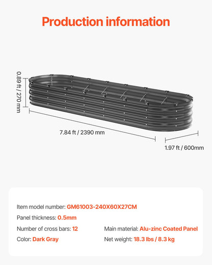 Metal Raised Garden Bed 8x2x1 ft Outdoor Galvanized Planter Box Dark Grey