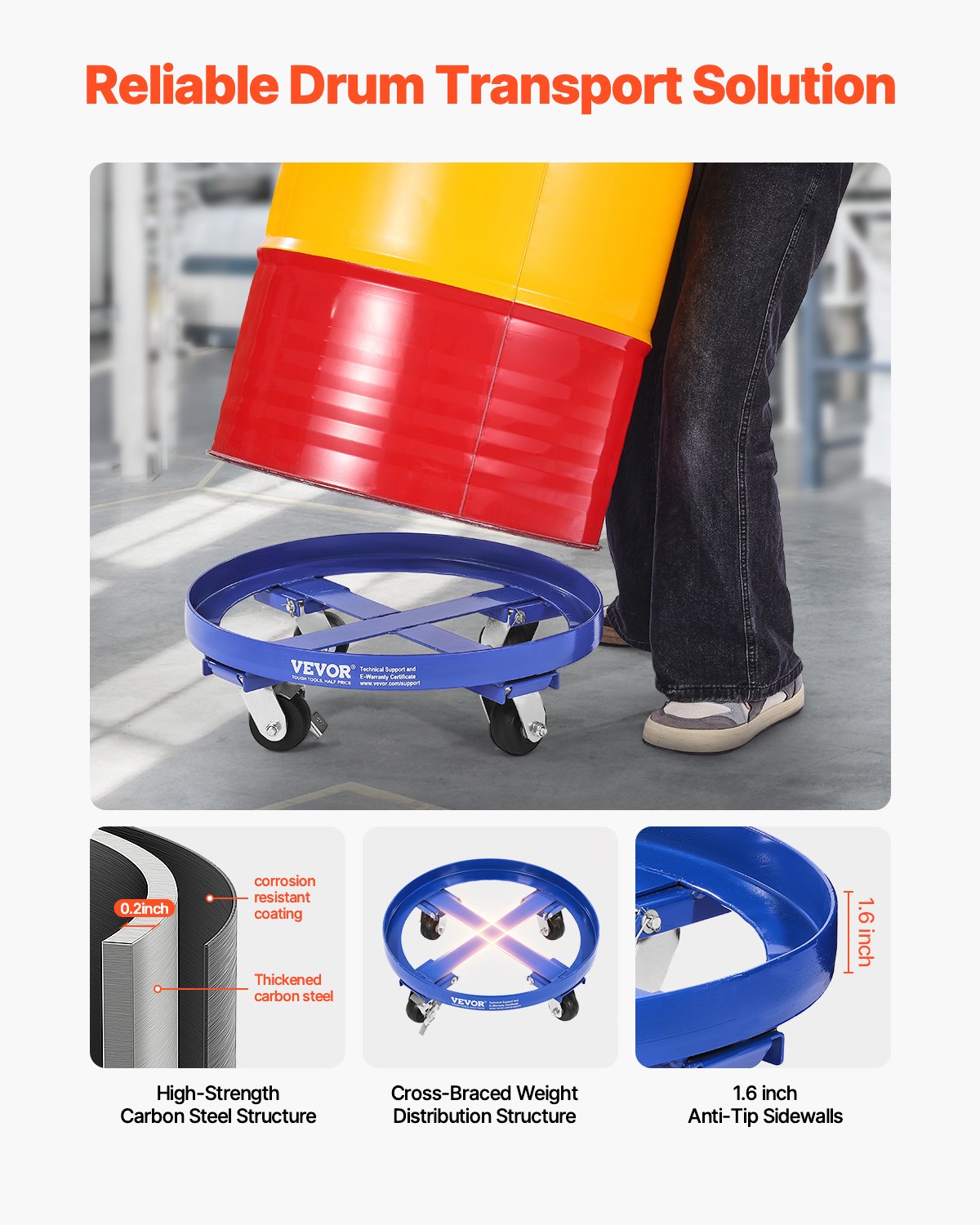 55 Gallon Drum Dolly 2000 lbs Barrel Dolly Cart Drum Caddy 4 Casters