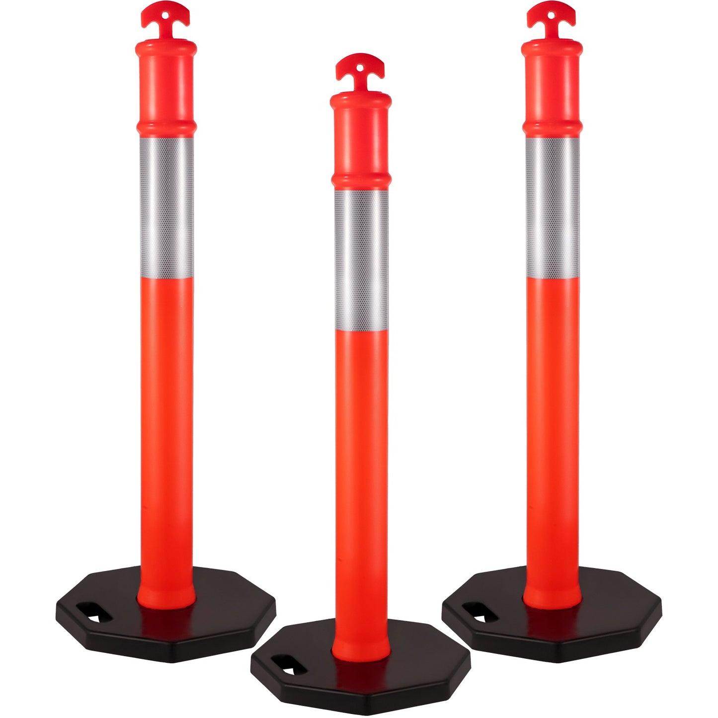 Traffic Delineator Posts 44 Inch Height Channelizer Cones Orange PE Delineator Post Kit 10 Inch Reflective Tape, Portable Delineators Post with Rubber Base 16 Inch, Delineator Cones Set of 3