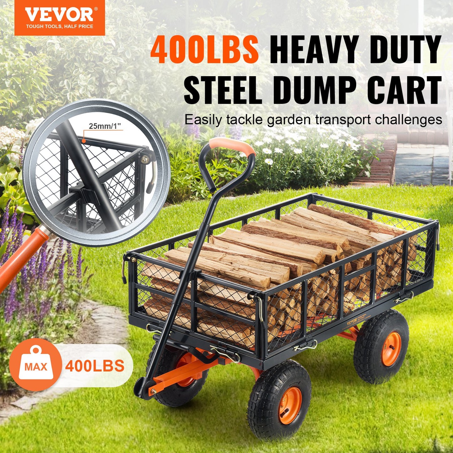 Trädgårdsdumpvagn Kraftig metallgårdsvagnar och vagnar 400 lbs Loading