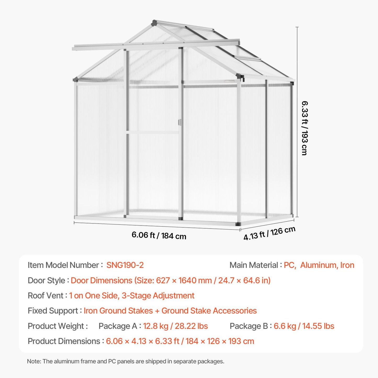 Polycarbonate Greenhouse 6 x 4 Ft Outdoor Walk-in Greenhouse for Garden