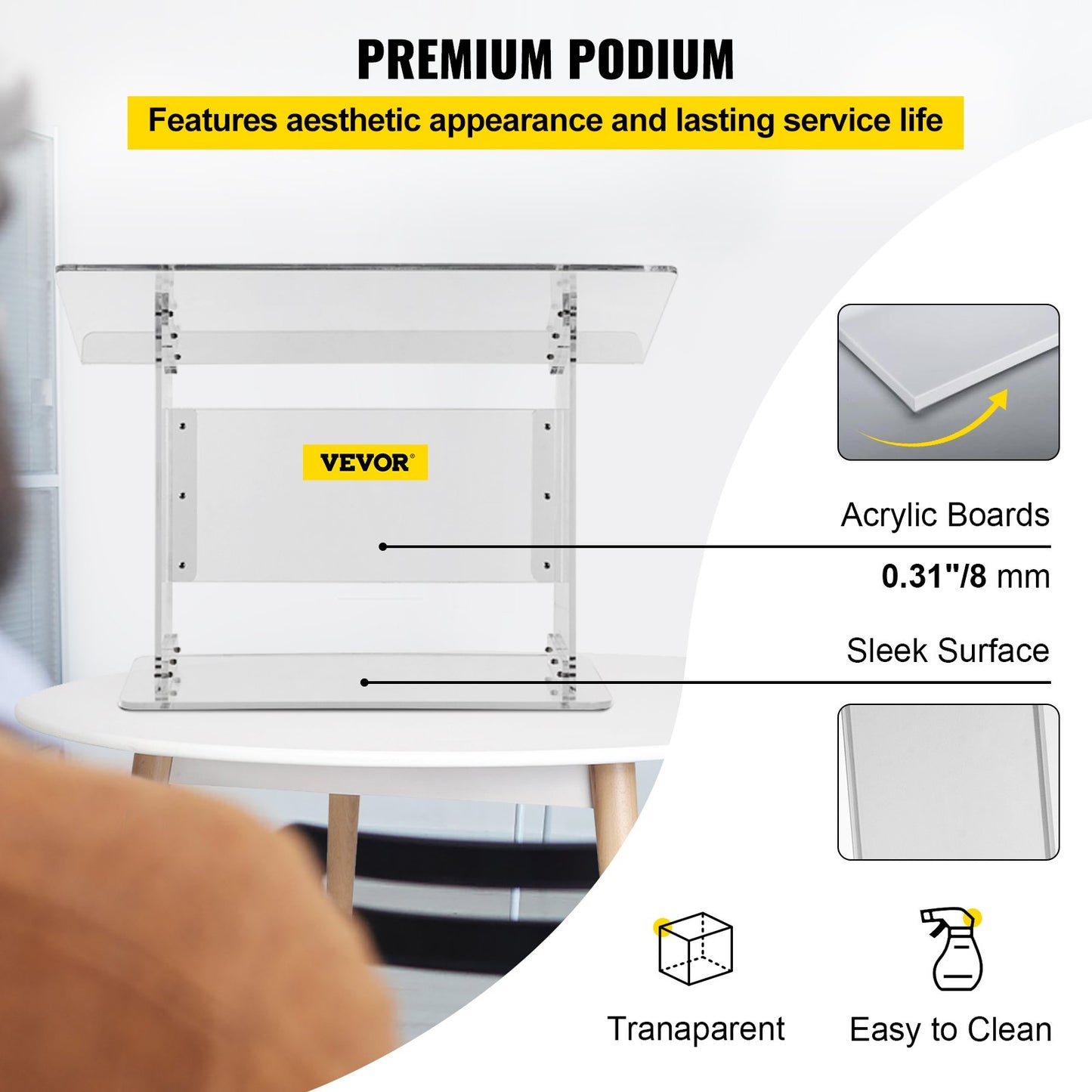 Bordsskiva Akryl Podium 19,5" Tall Plexiglas Podium 27"x13,7" Bord Akryl Predikstolar för kyrkor Sned yta med läpp för bokhållare Klar talarstol för föreläsning Recitation Tal och presentation