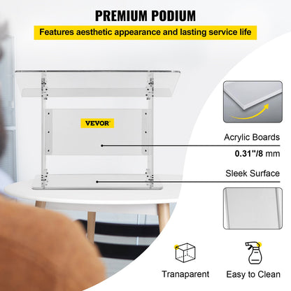 Bordsskiva Akryl Podium 19,5" Tall Plexiglas Podium 27"x13,7" Bord Akryl Predikstolar för kyrkor Sned yta med läpp för bokhållare Klar talarstol för föreläsning Recitation Tal och presentation