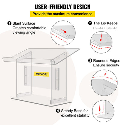 Bordsskiva Akryl Podium 19,5" Tall Plexiglas Podium 27"x13,7" Bord Akryl Predikstolar för kyrkor Sned yta med läpp för bokhållare Klar talarstol för föreläsning Recitation Tal och presentation
