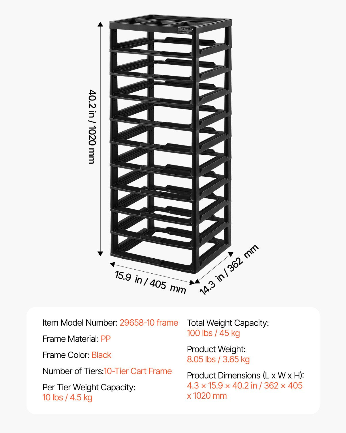 Plastic Storage Organizer 10-Layer Large Capacity with Organizer Top Black Frame