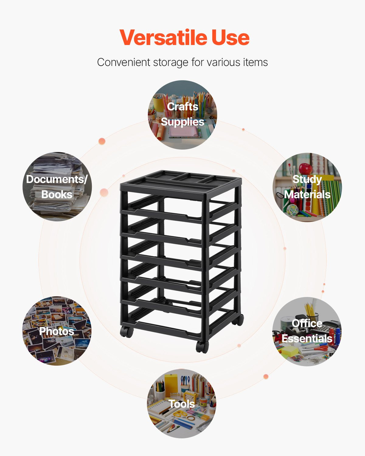 Scrapbook Rolling Storage Cart 6-Tier Large Capacity with Organization Top Black