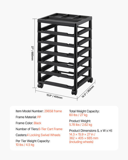 Scrapbook Rolling Storage Cart 6-Tier Large Capacity with Organization Top Black