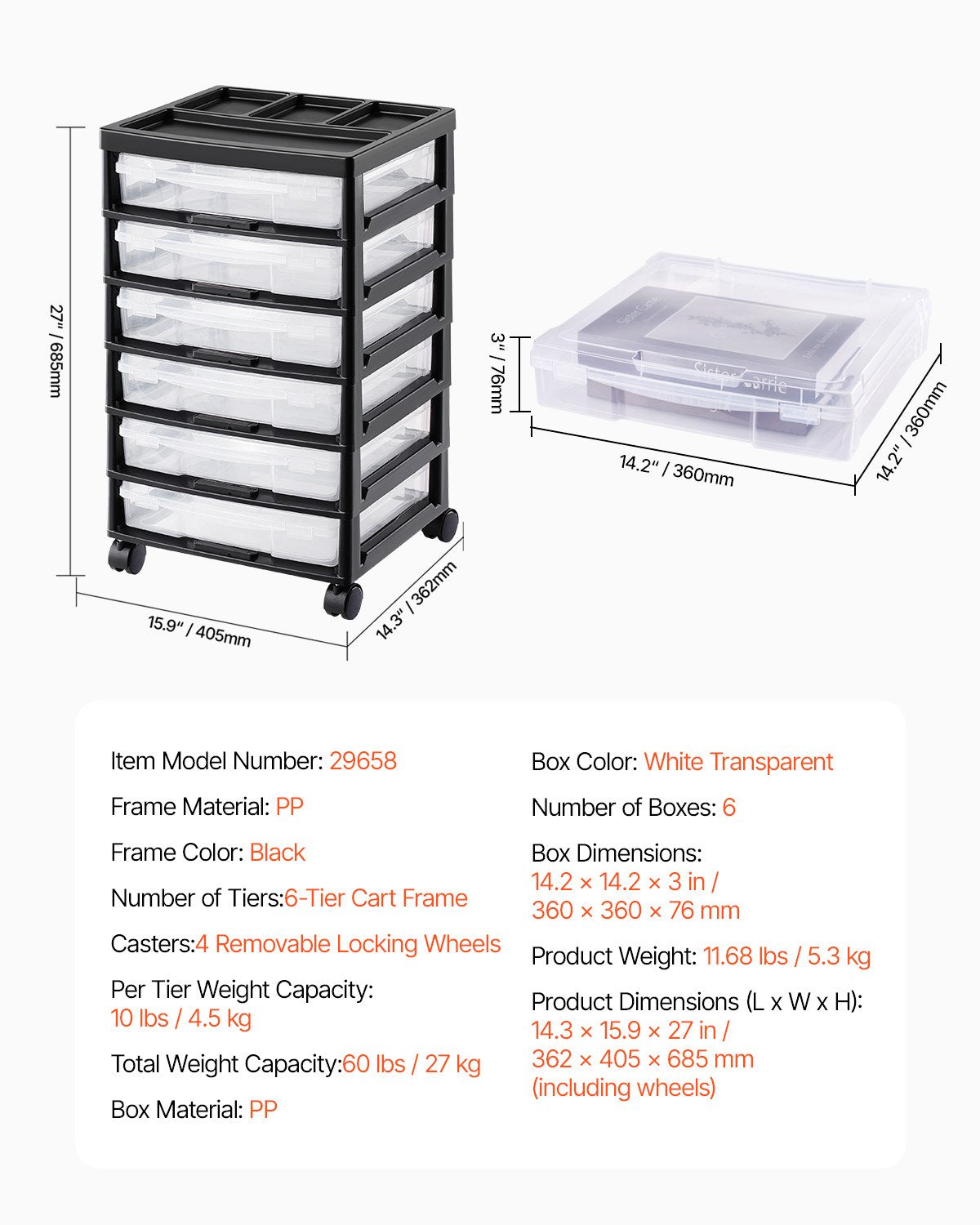 Scrapbook Rolling Storage Cart 6-Tier Large Capacity with 6 Clear Cases Black