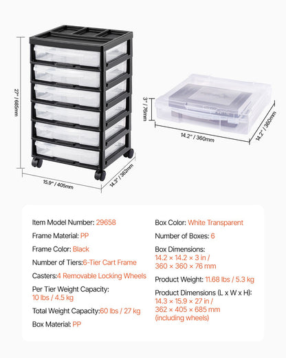 Scrapbook Rolling Storage Cart 6-Tier Large Capacity with 6 Clear Cases Black