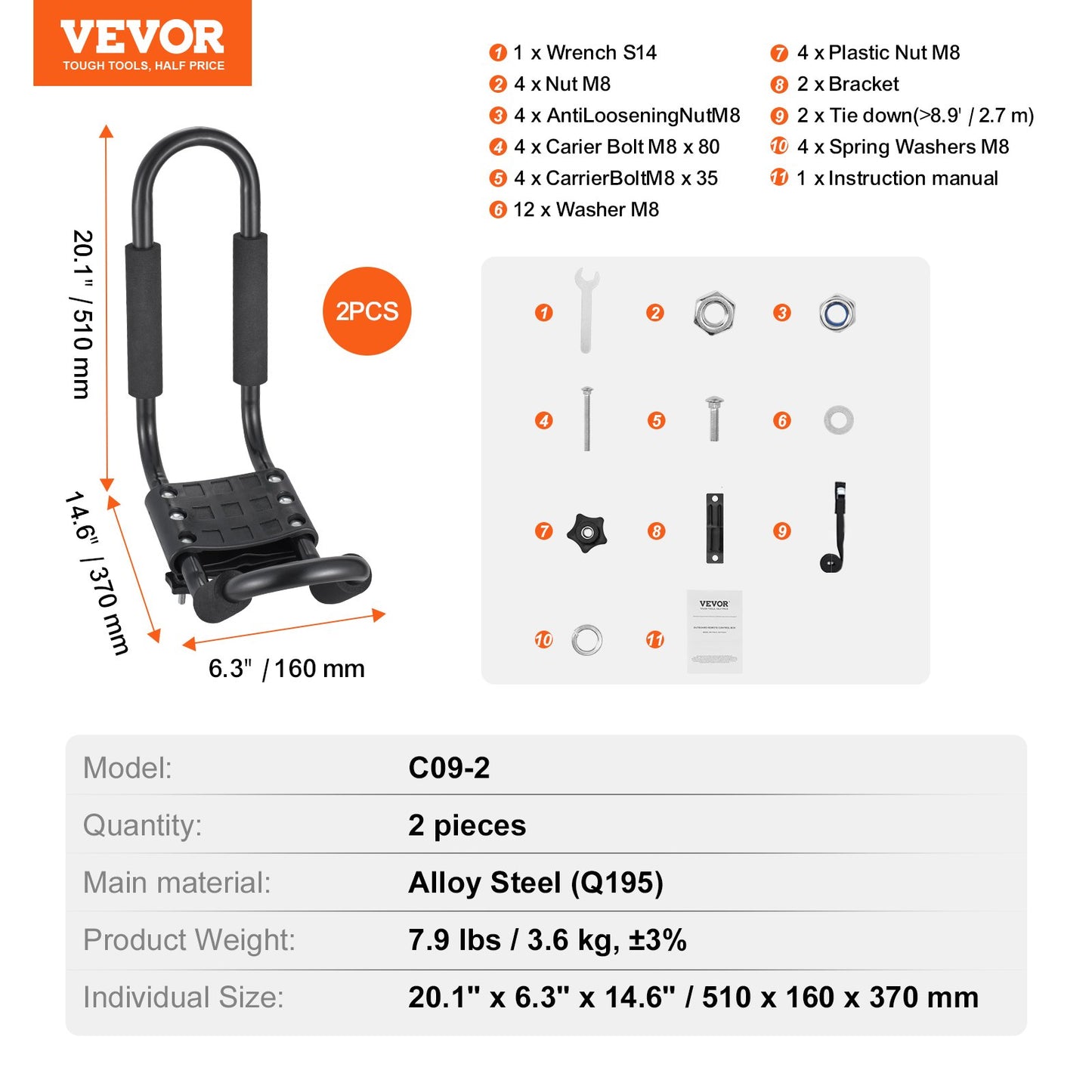 Kajaktakräcke 1 par J-Bar, Mjuk takräcke, Top Mount Tie Down, Bärare för kajak, Surfbräda, Kanot, SUP, Ski Board, Montering på bil, SUV, Lastbil, 1 Kajak