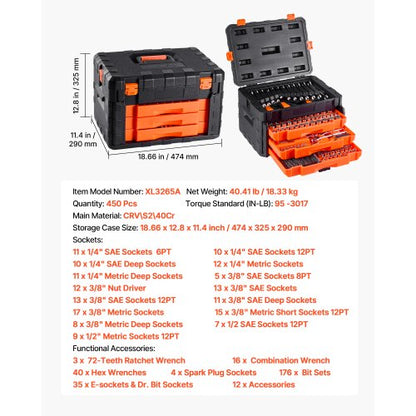 Mekanikverktygssats Hylsnyckelsats 450 delar 6,4/9,5/12,7 mm-fäste Orange låda