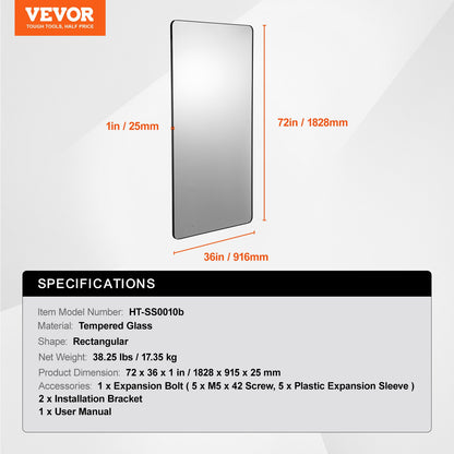 Square Wall Mounted Mirror 36" x 72" Mirror with Aluminum Alloy Frame