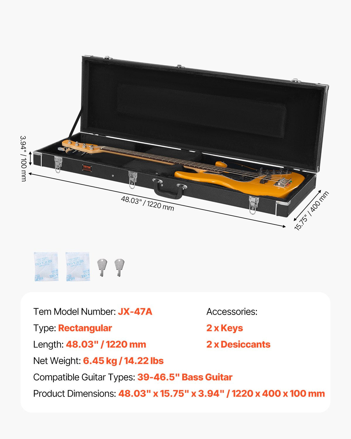 Bass Guitar Hard Case 48.03in Waterproof with Lock and Key for Bass Guitar