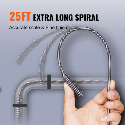 Drain Auger 25 Ft, Plumbing Snake Auto Feed, Plumber Snake with Drill Attachment, Pipe Snake Drain Clog Remover for Kitchen Bathroom Shower Sink with Protective Hose and Gloves