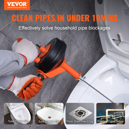 Drain Auger 25 Ft, Plumbing Snake with Drill Attachment, Plumber Snake Drain Clog Remover for Kitchen Bathroom Shower Sink with Protective Hose and Gloves