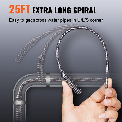 Drain Auger 25 Ft, Plumbing Snake with Drill Attachment, Plumber Snake Drain Clog Remover for Kitchen Bathroom Shower Sink with Protective Hose and Gloves